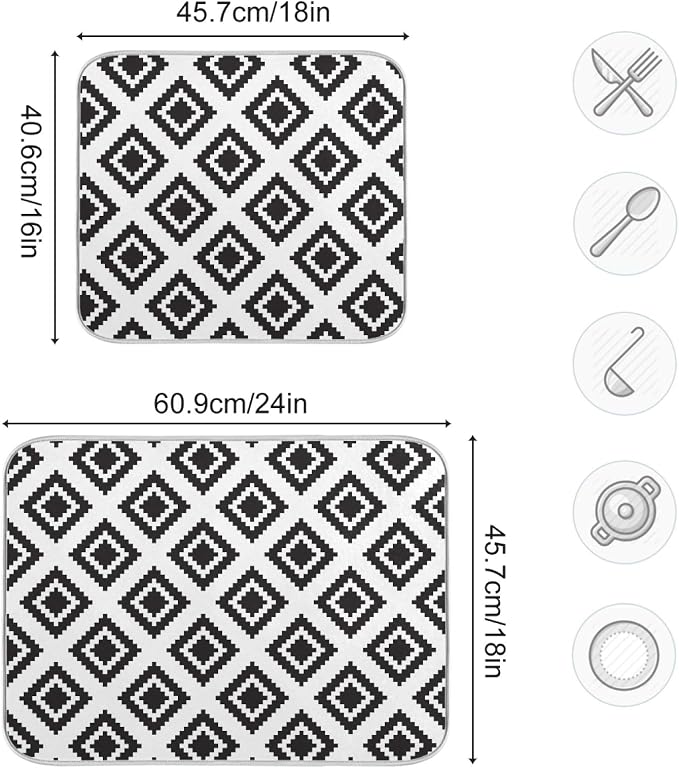 Super Absorbent Dish Drying Mat, Microfiber Fast-Drying Dish Mat, 24" x 18, Kitchen Dish Drying Pad, Grey Moroccan Rhombus Plaid
