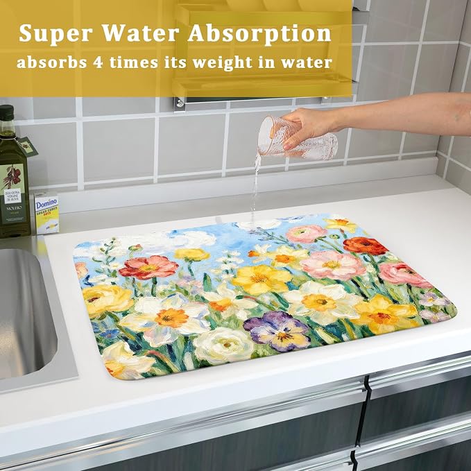 Spring Floral Dish Drying Mat for Kitchen Counter 18x24 Yellow Pink Narcissus Flower Seasonal Themed Summer Absorbent Reversible Microfiber Drying Mats Kitchen Countertop Protector Dishes Drainer Pad