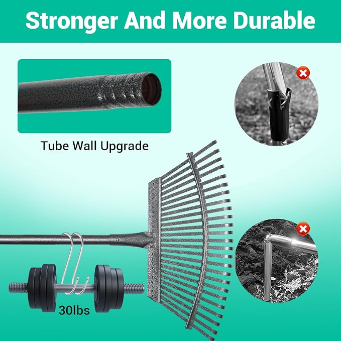Adjustable Garden Rake for Leaves 36-73" Long Handle, 18" Wide, Heavy Duty with 25 Metal Tines ，Includes 32Gallon Leaf Bags，Designed for Lawns, Grass, Shrubs ，Flower Beds