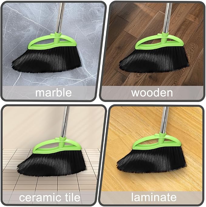 3 Packs Indoor Brooms Green Angle Broom Soft Bristles Long Handle for Hardwood Floor Sweeping