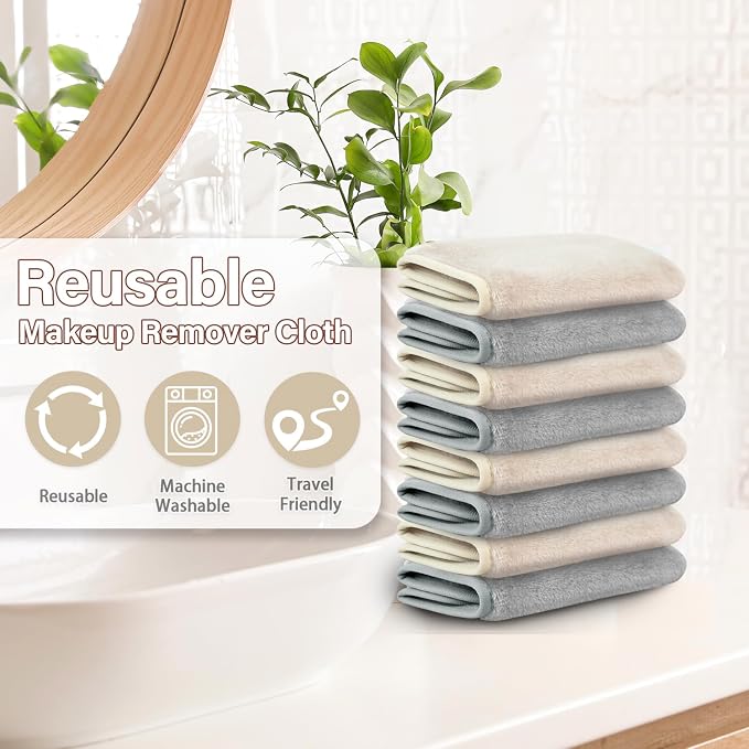 Nugilla Makeup Remover Cloths, 8 Packs Makeup Remover Towels Reusable Face Wash Cloth, Soft Microfiber Face Cloth for Women(Neutrals)