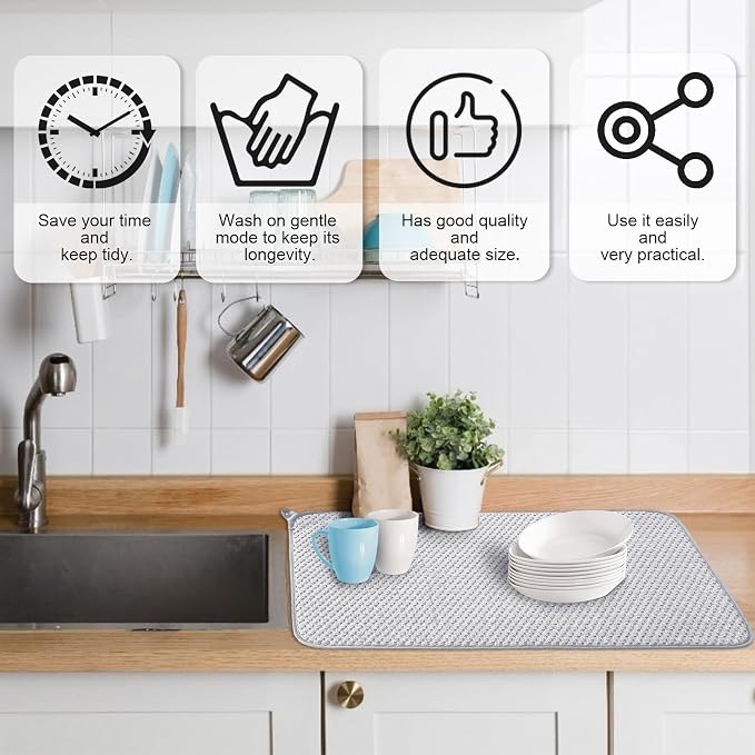 3 Pcs XXL Dish Drying Mat,Absorbent Microfiber Dishes Drainer Mats,Large Size 24×17" Pads for Kitchen Counter,Coffee,Rack,Under Sink,Light Gray