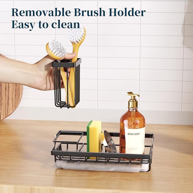 Consumest Sponge Holder for Kitchen Sink - Kitchen Sink Caddy Organizer with Removable Drip Tray for Countertop Dish Soap Dispenser Brush Storage Accessories 304 Stainless Steel - Black