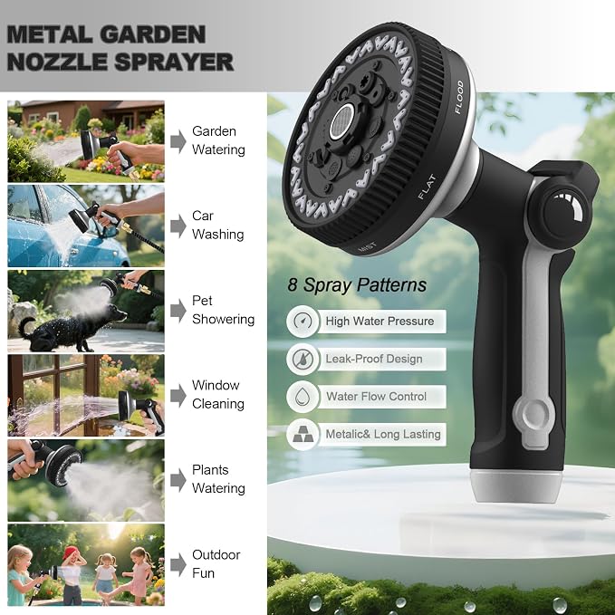 Garden Hose Nozzle | Heavy-Duty Metal Hose Sprayer Nozzle - 9cm/3.5" Ultra-Wide Spray, 8 Adjustable Nozzle Modes, Water Hose Nozzles for Watering, Cleaning, Pets & Car Washing (New Upgraded)