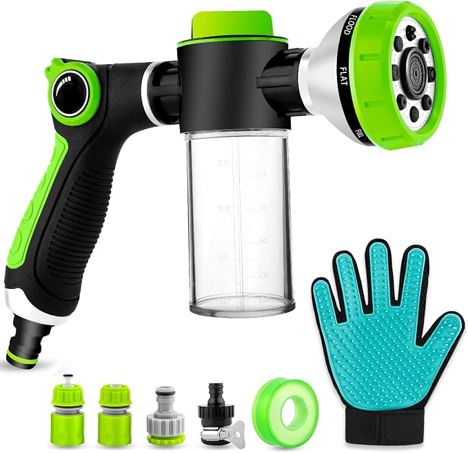 Upgraded Dog Wash Hose Attachment, 8-in-1 Sprayer Mode Garden Hose Nozzle | with Pet Grooming Glove, 100cc Soap Dispenser Bottle, Adopted in Watering Flowers, Car Wash, Dog and Horse Showering