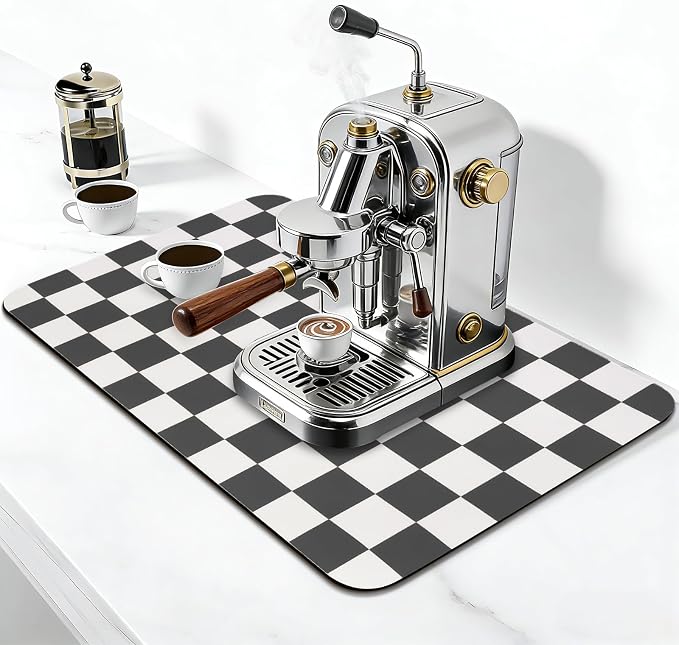 CooRug Checkered Dish Drying Mat, 17" x 32", Black | Absorbent, Leak-Proof, Non-Slip, Heat Resistant, For Kitchen Counter & Coffee Bar, Eco-friendly Materials, Easy to Clean