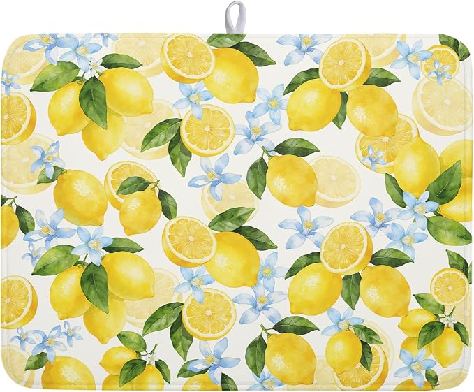 Kawani Lemon Dish Drying Mat 18x24 Inch Absorbent Reversible Summer Drying Mat Floral Lemon Fruits Dish Drying Rack Mat Yellow Summer Themed Dish Drainer Mat for Kitchen Counter Coffee Bar