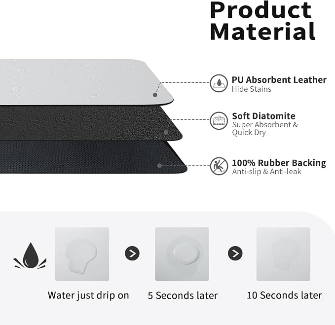 HotLive Dish Drying Mat for Kitchen Counter, Heat Resistant Drainer Mats with Non-slip Rubber Backed, Hide Stain Kitchen Super Absorbent Draining Mat, Easy to Clean Dish Rack Pad, Light Grey 16"x18"