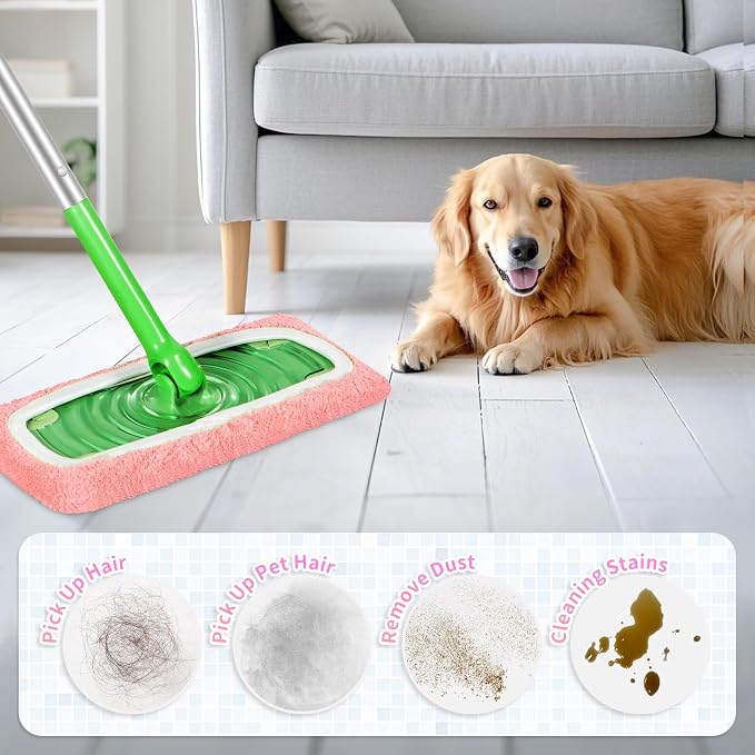 8 Pack Reusable Mop Pads Compatible with Swiffer Sweeper, Coral Fleece Washable Swiffer Mop Pads, Dry & Wet Sweeping Mopping Cloths (Pink, Not Included Mop)