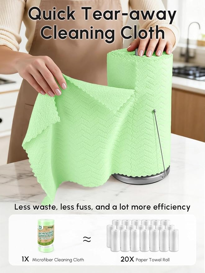 Microfiber Cleaning Cloths Roll, 75 Pack Tear Away Microfiber Towels Roll, 12" x 12" Lint Free Rags, Reusable Cleaning Cloths, Washable, Scratch Free,Ultra Absorbent Dish Rags(Green Ripple)