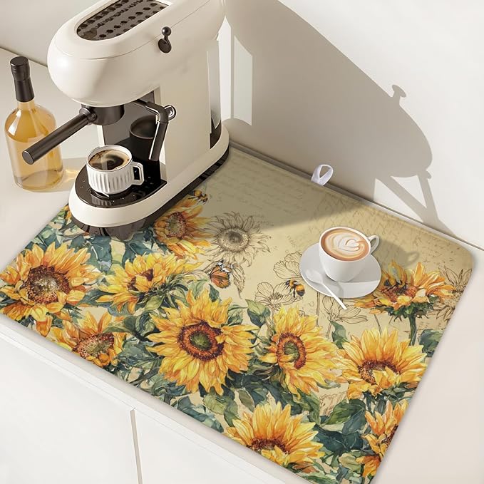 Sunflower Dish Drying Mat for Kitchen Counter Vintage Yellow Sunflowers Microfiber Dish Drainer Mat Spring Summer Watercolor Floral Absorbent Washable Drying Pad Extra Large 18"x24"