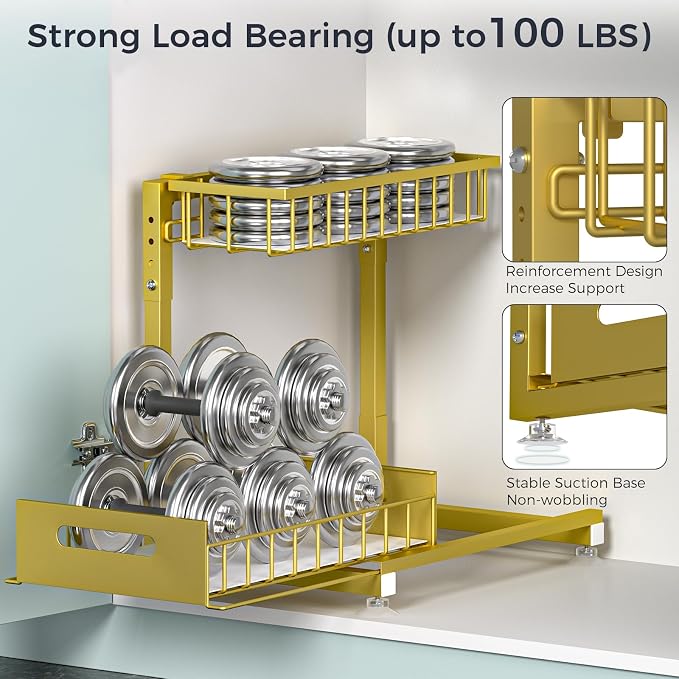 Saydear L-Shaped Under Sink Organizer, 2-Tier Pull-out Cabinet Rack 1-Pack | Gold Height-Adjustable Steel Rack, Sliding Grid Drawers with PP Liners, Holds 100 Lbs, Suction Base, Ideal Kitchen Storage