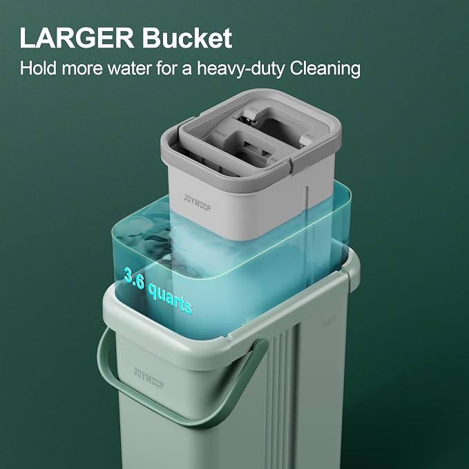 JOYMOOP Flat Mop System, Microfiber Mop and Bucket Set, Green, Commercial & Household Floor Cleaning Mop with Long Handle, Includes 3 Reusable 15" Pads