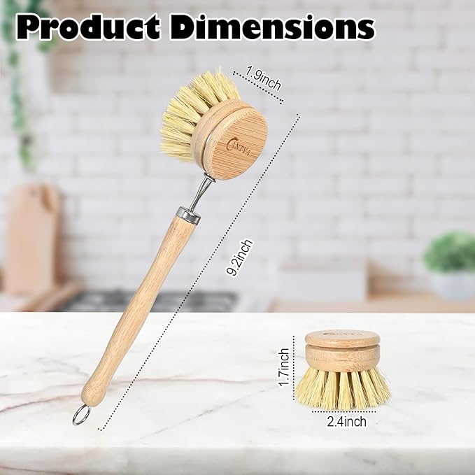 Bamboo Dish Brush with Handle - Soft Bristle Plastic Free Potato Scrubber Brush Compostable & Sustainable Produce Brush for Dishes Pots and Pans