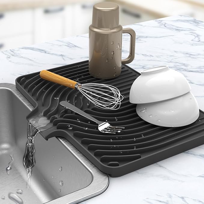 Dish Drying Mat for sink with a bulged edge,18"×12"Silicone Self-Draining | Various sizes and colors,Self-Draining Slope Structure,Enabling faster drying,Heat-Resistant,Easy to clean,Food-grade