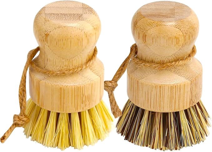 Aisuly Bamboo Dish Brush Set, 2 Pcs Palm Wooden Dish Scrubber Brush, Dish Brushes, Durable Wood Dishes Scrub Brush, Natural Round Vegetable Cleaning Pots Pans Sink Washing Kitchen Brush