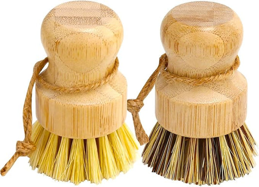 Aisuly Bamboo Dish Brush Set, 2 Pcs Palm Wooden Dish Scrubber Brush, Dish Brushes, Durable Wood Dishes Scrub Brush, Natural Round Vegetable Cleaning Pots Pans Sink Washing Kitchen Brush