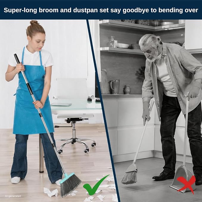 Broom with Dustpan Combo Set,Pet Hair Rubber Broom with Carpet Rake and Squeegee,Long Handle Broom with Upright Standing Dustpan for Indoor Cleaning (Black)
