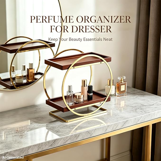 2-Tier Bathroom Counter Organizer, Wood Bathroom Organizer for Vanity Makeup Skincare Cologne Storage, Bamboo Perfume Organizer for Dresser, Countertop Shelf for Bathroom Kitchen, Gold & Brown