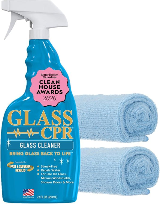 CPR Glass 2-in-1 Glass Cleaner & Water Repellent, 22 oz | Includes 2 Microfiber Applicator Towels, Streak-Free, Water Stain Formula, Made in USA