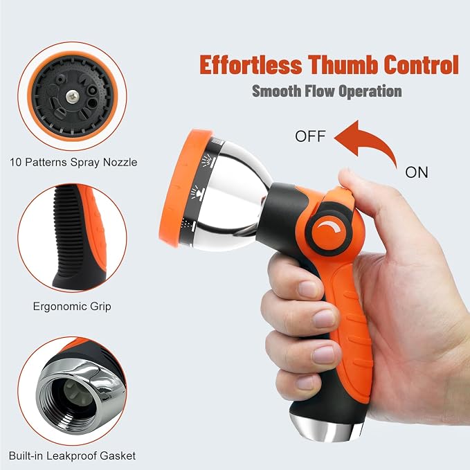 Besiter Garden Hose Nozzle, Hose Sprayer Nozzle with 10 Spray Patterns, Thumb Control On Off Valve, High Pressure Metal Water Hose Nozzle for Car Wash, Plants, Pets & Outdoor Cleaning, Orange