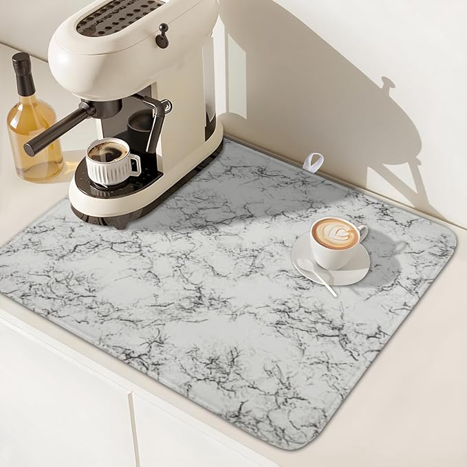 White Grey Marble Dish Drying Mat for Kitchen Counter Modern Marble Pattern Microfiber Dish Drainer Mat Absorbent Washable Drying Pad 16"x18"
