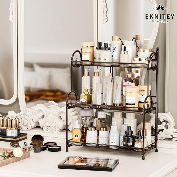 EKNITEY Bathroom Organizer Shelf Countertop - 3 Tier Spice Rack No Assembly | Kitchen Counter Organizer, for Skincare Makeup Vanity, Sturdy Metal Frame, Easy to Clean, Space-saving, Foldable, Brown