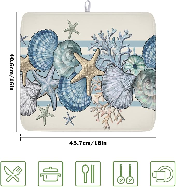 Nautical Coastal Dish Drying Mat for Kitchen Counter Summer Beach Seashell Starfish Microfiber Dish Drainer Mat Ocean Blue Pattern Absorbent Washable Drying Pad Extra Large 16"x18"