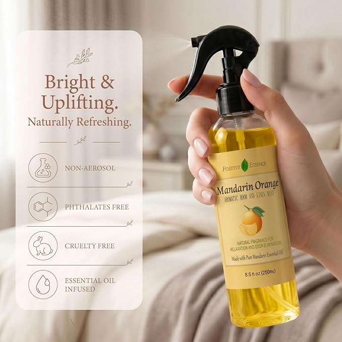 Mandarin Orange Linen and Room Spray, Natural Air Freshener Made with Pure Mandarin Essential Oil, Bathroom Air Refreshener, Pillow Spray, or Bathroom Odor Eliminator (8.5 fl oz)
