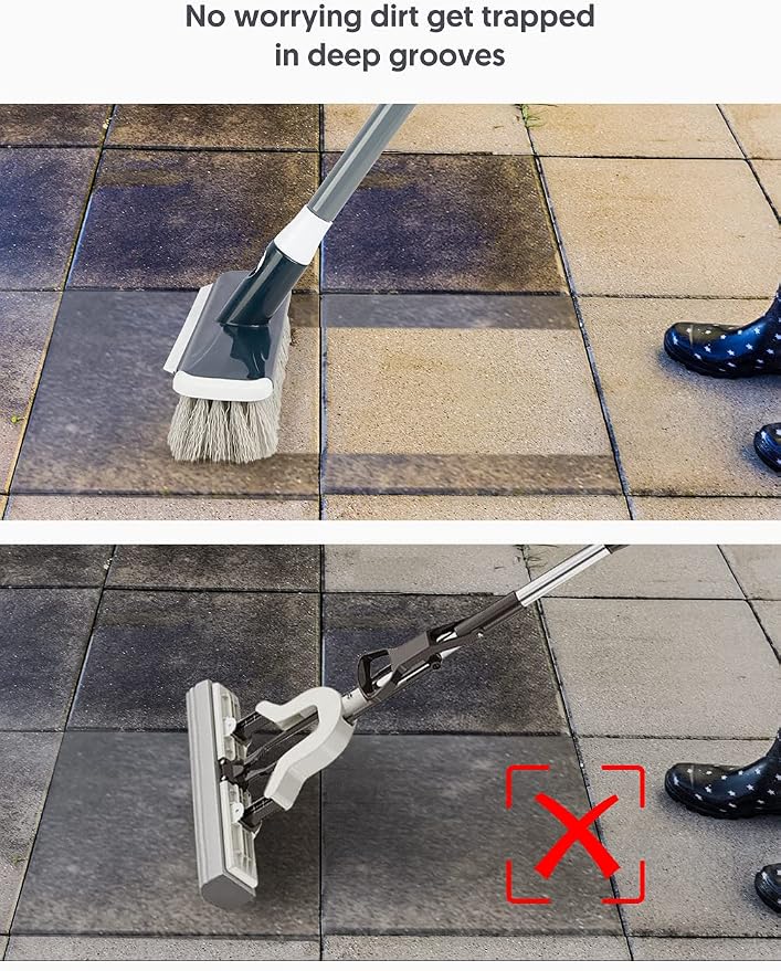 Floor Scrubber with Long Handle, 2 in 1 Scrubbing Brush Stiff Bristle Shower Cleaning Brush for Bathroom, Kitchen, Tub, Carpet, Grout, Tile(Gray)