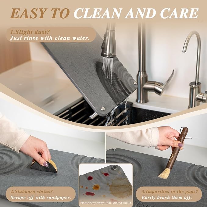 VERIFOST Nested Dish Drying Mat with Bamboo Rack for Dishes, 2Pcs Diatomaceous Earth Stone, Fast Stone Drying Mat for Kitchen Counter with Non-slip Feet, Midnight Gray