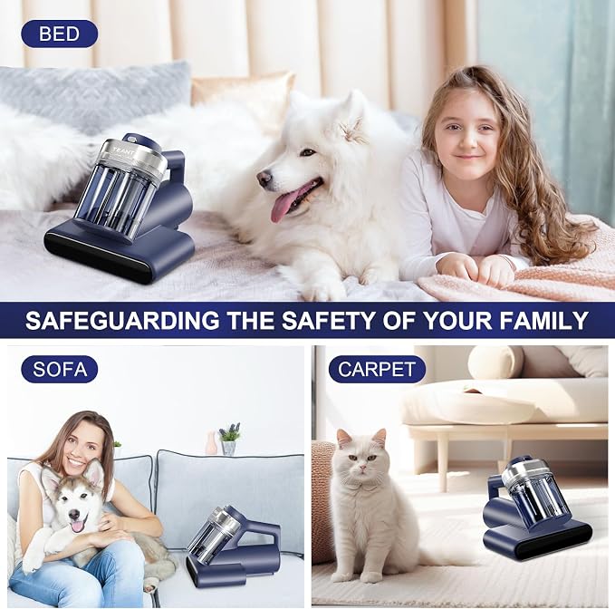 Teant Mattress Bed Vacuum Cleaner, 16 kPa Suction & 253.7nm UV-C, MV-Blue | 2-Speed Mattress Vacuum with 33000 RPM Tapping, UV-C, Ultrasonic, 149℉ Heat, Anion, HEPA, Deep Clean for Bed and Pet Hair