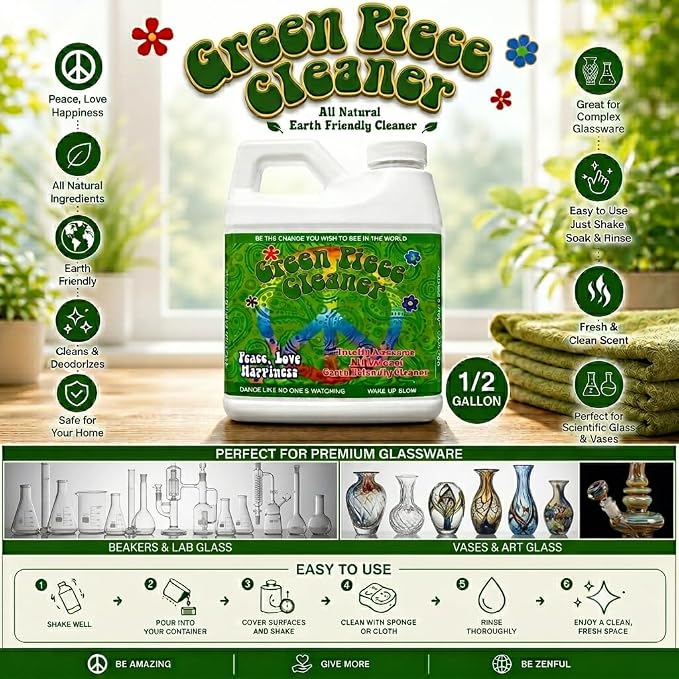 Green Piece® Cleaner – Made in USA - Great on Glass - Cleans tar and resin – 64 Oz (Half Gallon)
