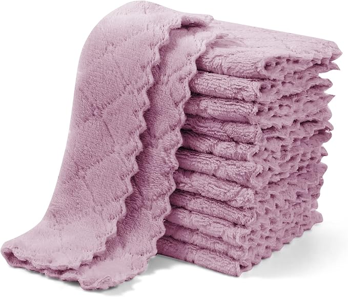 UMANI 12 Pack Kitchen Dish Cloths, Ultra Soft Absorbent Quick Drying Dish Towels, Nonstick Oil Microfiber Cleaning Cloth, Machine Washable Coral Fleece Cleaning Rags (Purple)