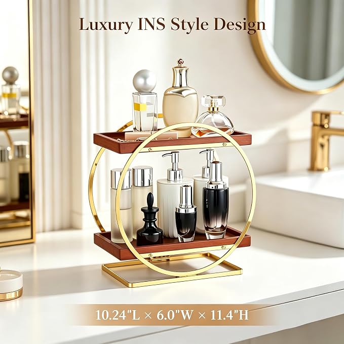 2-Tier Bathroom Counter Organizer, Wood Bathroom Organizer for Vanity Makeup Skincare Cologne Storage, Bamboo Perfume Organizer for Dresser, Countertop Shelf for Bathroom Kitchen, Gold & Brown