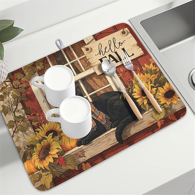 Fall Dish Drying Mat for Kitchen Counter Vintage Autumn Cat Sunflower Pumpkin Microfiber Dish Drainer Mat Rustic Farmhouse Absorbent Washable Drying Pad Extra Large 18"x24"