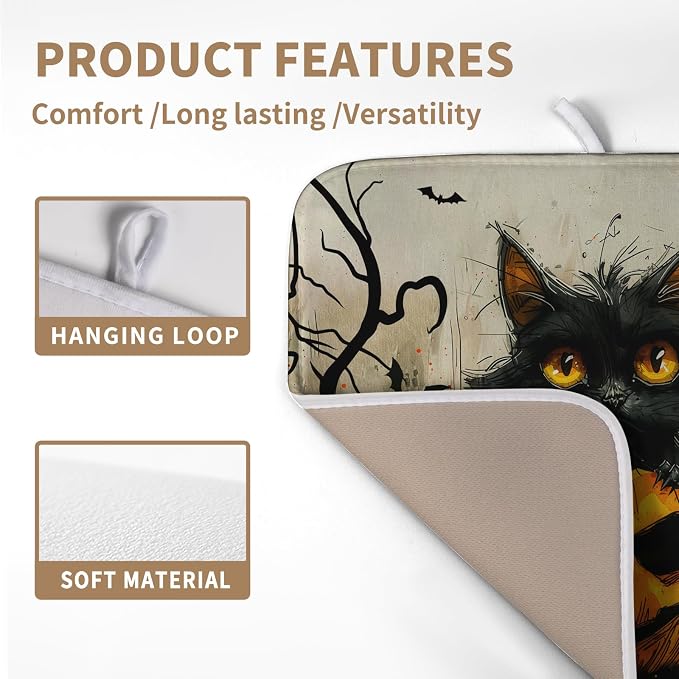 Black Cat Halloween Kitchen Dishes Drying Mat 16x18 Inch Halloween Fall Pumpkin Bat Dish Drying Mats for Kitchen Counter Absorbent Microfiber Dish Rack Mat Drainer Pad for Coffee Bar Sinks