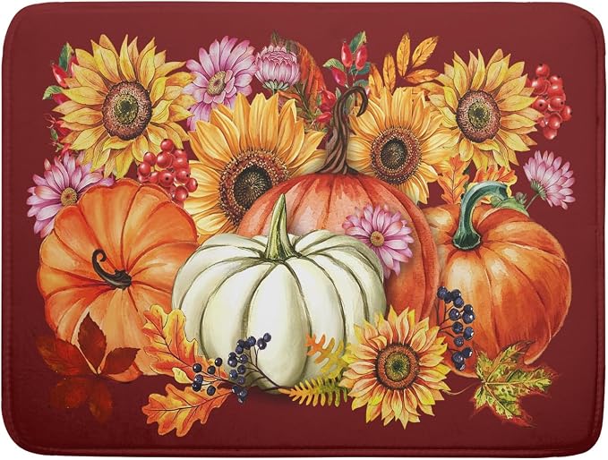 Fall Dish Drying Mat for Kitchen Counter Autumn Pumpkin Sunflowers Thanksgiving Microfiber Absorbent Dish Draining Reusable Washable Foldable Extra Large 18"x24"
