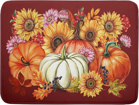 Fall Dish Drying Mat for Kitchen Counter Autumn Pumpkin Sunflowers Thanksgiving Microfiber Absorbent Dish Draining Reusable Washable Foldable Extra Large 18"x24"