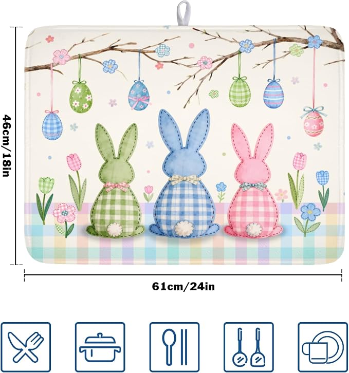 Easter Bunny Dish Drying Mat for Kitchen Counter 18 x 24 Inch Rabbit Eggs Dish Drainer Mat Absorbent Microfiber Dish Rack Pad for Spring Holiday Coffee Dining Bar Decor