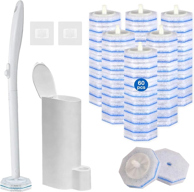 Disposable Toilet Brush Set - Toilet Bowl Wand Refills with Toilet Cleaners, Disposable Brush Heads with 5X Cleaning Power, Includes 60 Refill Heads for Clorox Toilet Brush, Wand & Storage Caddy