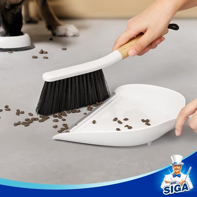 MR.SIGA Dustpan and Brush Set, Bamboo Handle, White, 1 Set | Handheld brush and dustpan combo with hanging loop, small broom and dustpan set