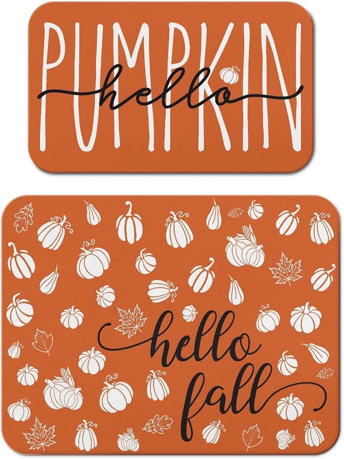 Fall Dish Drying Mat 2-Pack Orange Pumpkin for Kitchen Counter Dishes Mat | Diatom Mud Mats (18x24, 19.5x12"). Non-slip rubber back for kitchen counter, coffee bar & sink scenes