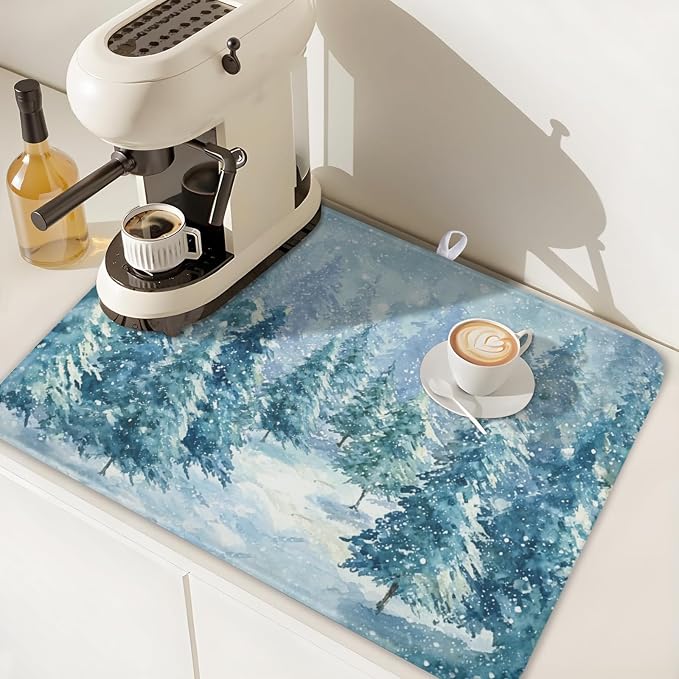 Winter Forest Dish Drying Mat for Kitchen Counter 18x24 Inch | Blue Christmas Pine Trees Snow Scene Dish Drainer Mat Rustic Seasonal Holiday Absorbent Washable Drying Pad