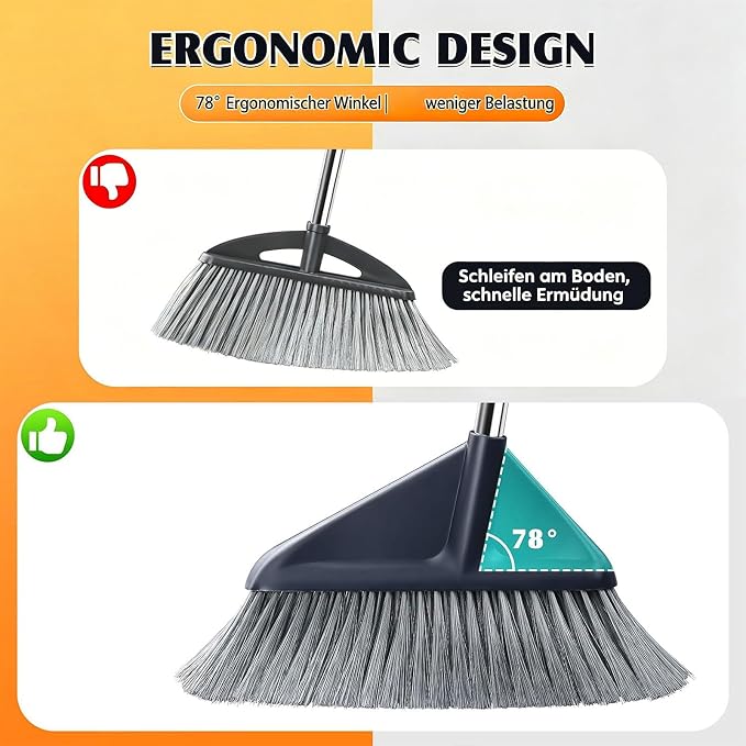 Broom and Dustpan Set with 52" Long Handle | Stand Up Dustpan with No Warping Metal Edge, 4-Layer Flagged-Tip Bristles, Hair Cleaning Teeth for Home, Kitchen & Office