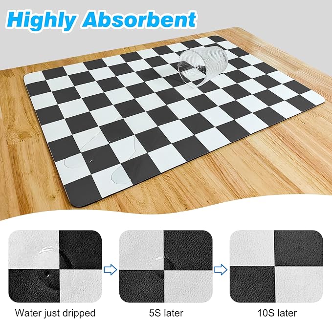 CooRug Checkered Dish Drying Mat, 16" x 24", Black | Absorbent, Leak-Proof, Non-Slip, Heat Resistant, For Kitchen Counter & Coffee Bar, Eco-friendly Materials, Easy to Clean