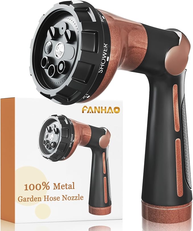 FANHAO Heavy Duty Garden Hose Nozzle, Metal Hose Sprayer Easy Thumb Control | 8 Spray Patterns, Rustproof Water Nozzle, Non-Slip Ergonomic Grip, Elder & Child Friendly for Garden, Car & Pet, Brown