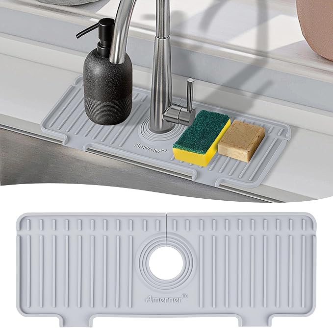 Amerner Kitchen Sink Splash Guard, Silicone Faucet Guard & Draining Mat, 10° Large Slope Sink Faucet Mat Splash Guard, Bathroom Sink Organizer, Kitchen Sink Accessories Gadgets, 14.2” x 5.1”, Gray