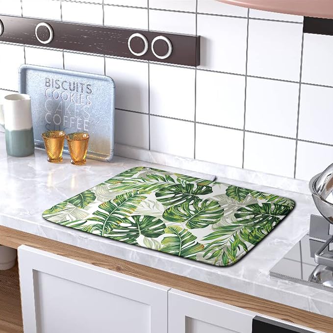 Tropical Palm Leaves Dish Drying Mat for Dishes 16x18 Inch Spring Green Monstera Leaf Drying Mat Watercolor Herbs Dish Drainer Mat Super Absorbent Dish Rack Pad for Coffee Bar Sinks