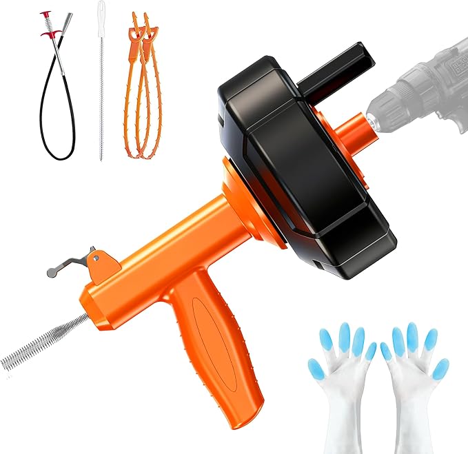 Drain Snake, Auto Feed Plumbing Snake with Drill Attachment, 25 Feet Flexible Drain Auger Tool Set Included Drain Clog Remover, Hair Clog Remover ＆ Cleaning Brush | for Kitchen, Bathroom and Shower Sink with Gloves